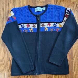Sharon Young Sportswear Vintage Zip Front Sweater Blue Embroidered Size Small